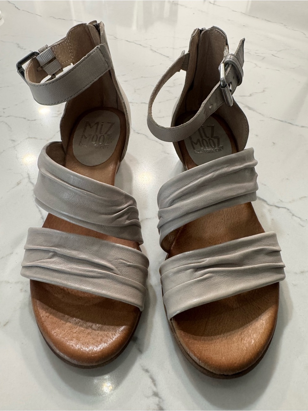 Miz Mooz Women's Leather Ruched Ankle-Strap Sandals EU 37 or US 6.5/7